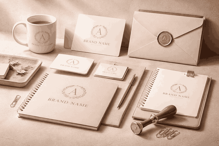 Minimalist beige branding mockup featuring logo cards, stationery items, envelopes, and coffee mug with cohesive brand identity and modern studio lighting
