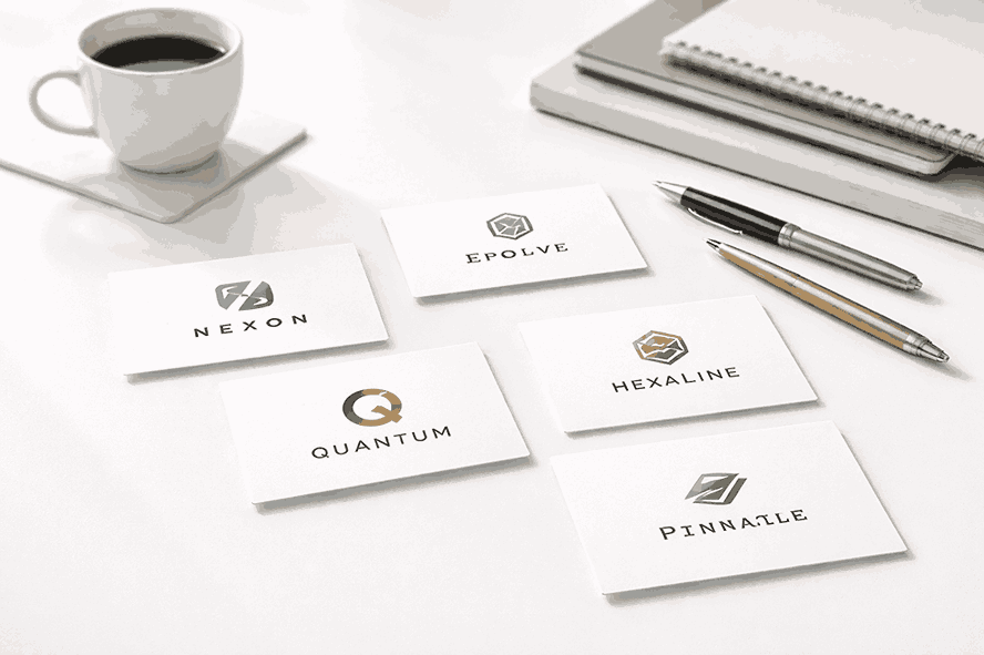 Minimalist white desk with creative business cards showcasing modern logo designs, stationery, and coffee cup in a clean workspace