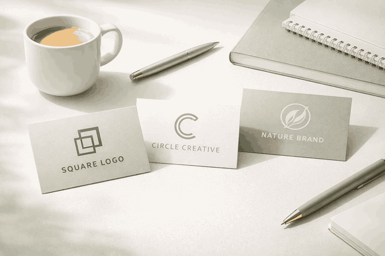 Green pastel minimalist branding mockup featuring logo business cards on a clean white desk with coffee cup, notebooks, and soft lighting - logo designer in Hyderabad 