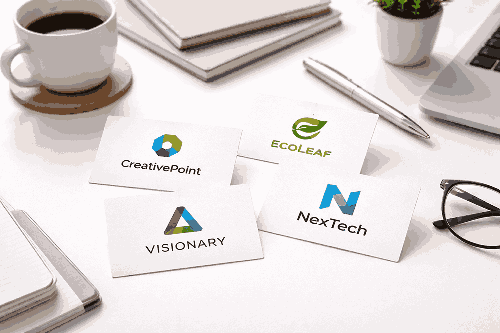 Minimalist business cards with creative logo designs on a clean desk, showcasing professional work by a logo designer in Pune India