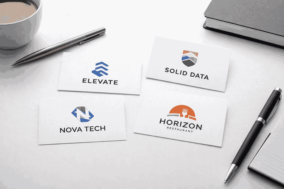 Minimalist business cards with creative logo designs on a white desk showcasing professional logo design work