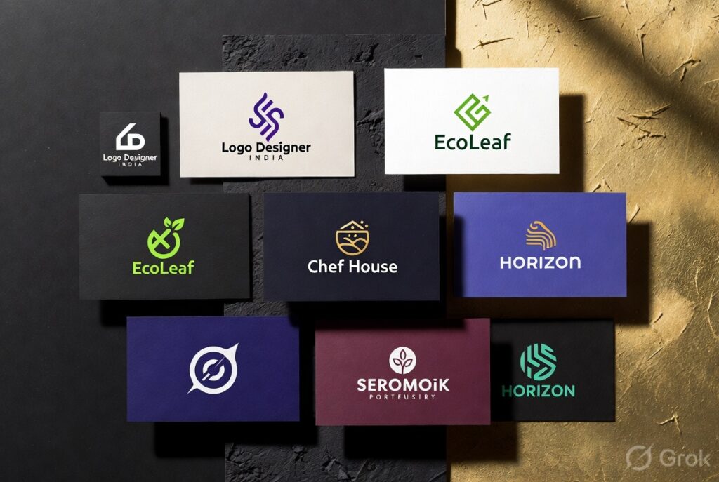 Top-down flat lay of elegant business cards showcasing modern logo designs including Logo Designer India, EcoLeaf, Chef House, and Horizon on a luxurious black and gold textured background with soft studio lighting