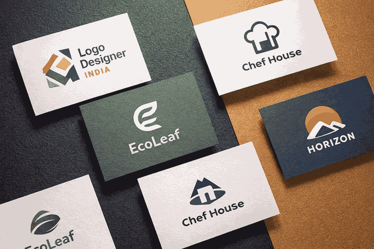Flat lay of modern business cards with creative logo designs including Logo Designer India, EcoLeaf, Chef House, and Horizon on black and gold background