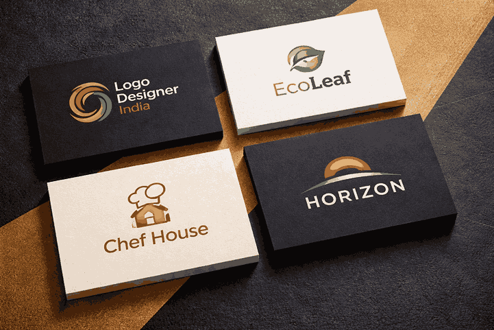 Top-down flat lay of business cards featuring modern logo designs like Logo Designer India, EcoLeaf, Chef House, and Horizon on a black and gold background.
