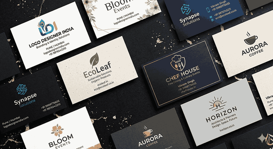 multiple professional business cards showcasing modern logo designs