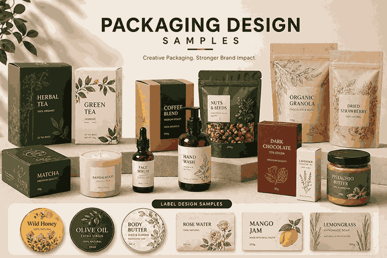 Modern packaging design samples including boxes pouches and labels with premium minimal aesthetic