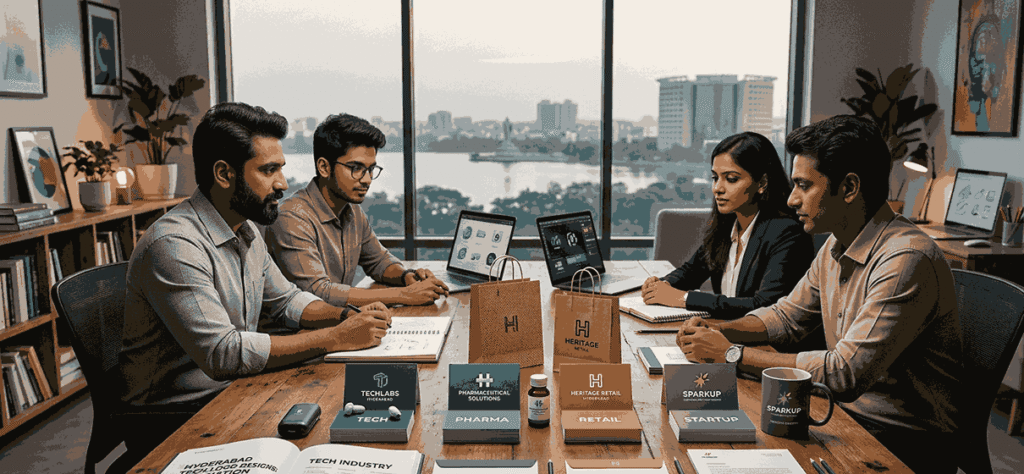 A professional brand logo designer in mumbai have meeting in a Mumbai design studio overlooking the city skyline. A team of logo design professionals is presenting a brand identity portfolio to a client. The wooden conference table displays a cohesive branding set including logo cards, stationery, envelopes, and a coffee mug.