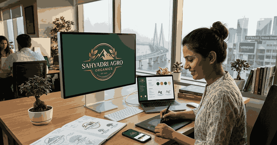 A photo of a female brand logo designer in Mumbai office, with the Bandra-Worli Sea Link and city skyline view through the window. She is working on a cohesive professional brand identity for 'Sahyadri Agro Organics', a Maharashtra-based agribusiness. The designer is seated at her desk, actively sketching concepts in a notebook, refining the logo on a graphic tablet, and displaying the final design with a mountain crest and organic leaf motifs on a large monitor and laptop, with a consistent brand style applied across a smartphone, business cards, and packaging. The date '2026' and location 'Maharashtra' are subtly visible on the final logo mark. The desk is organized with design tools, books, a bonsai tree, and other people are blurred in the background, all captured under warm afternoon light in 2026.