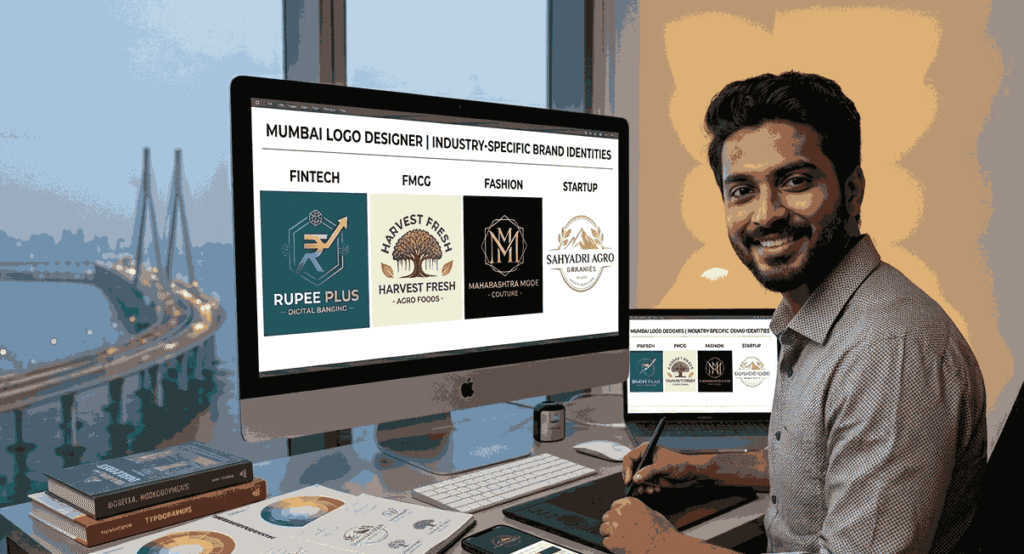 A Brand logo deisgner in Mumbai photograph of a male individual logo designer in a high-rise Mumbai office overlooking the Bandra-Worli Sea Link at dusk, smiling at the camera. His main computer monitor displays a portfolio of diverse, industry-specific logos under four category columns: FINTECH, FMCG, FASHION, and STARTUP. Specific logos like RUPEE PLUS, HARVEST FRESH, MAHARASHTRA MODE, and SAHYADRI AGRO ORGANICS are clearly visible. His desk features a smaller monitor, a graphic tablet with a stylus, sketchbooks with pencil sketches, color wheels, and typography books, showcasing a professional brand identity design process across multiple industries.