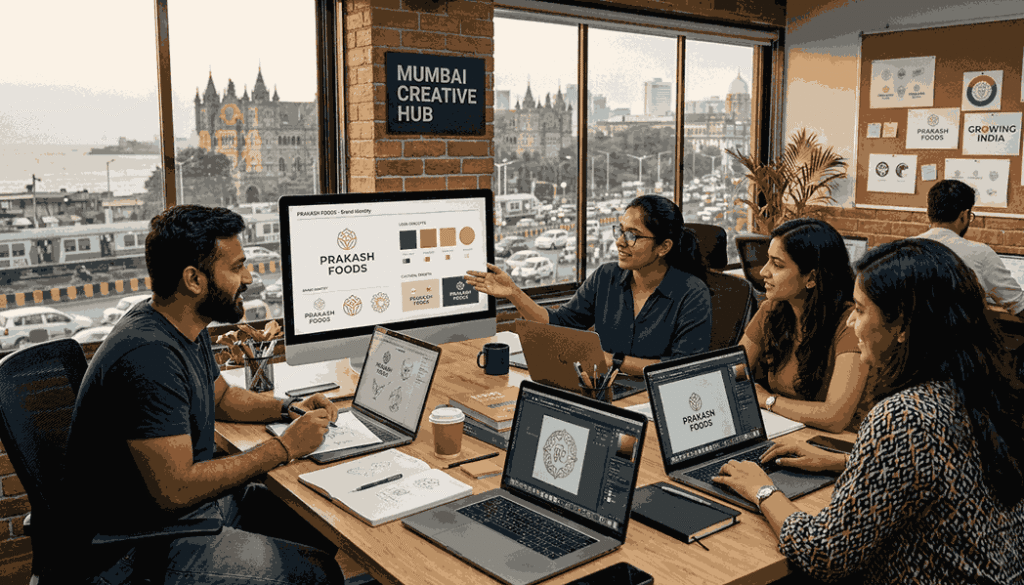 A four-person design team, who are logo designer in  Mumbai India in a modern office, collaborating on a large wooden desk. A central desktop monitor displays a branding presentation titled "Prakash Foods - Brand Identity," featuring geometric, floral logo concepts, color palettes, and cultural sketches. Team members, seated and engaged, look at the screen while using laptops showing design work and taking notes in sketchbooks.