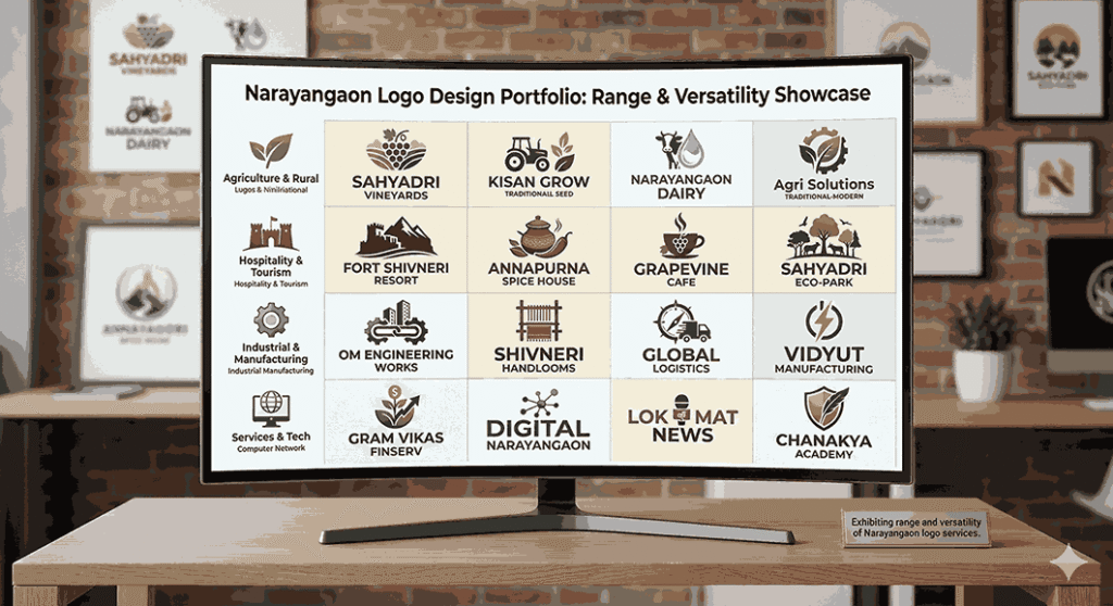 Logo designer in Narayangaon portfolio display with multiple industry logo designs showing creativity and versatility