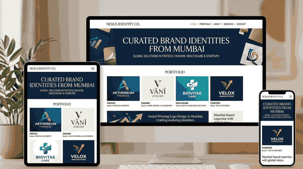 A responsive web portfolio interface for Nexus Identity Co., a Mumbai-based branding studio, displayed simultaneously on a 27-inch desktop, 10-inch iPad, and 6.1-inch smartphone. The screen features curated brand identities and logos for the fintech, fashion, healthcare, and startup sectors, with the headline "Curated Brand Identities from Mumbai." The desk setting is modern with a wooden surface and potted plant.