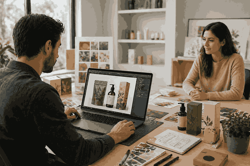 Packaging designer presenting packaging designs on laptop to client in modern creative studio workspace