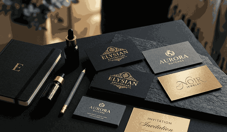 A flat lay photo of a luxurious branding mockup featuring multiple logo design cards on textured backgrounds of matte black, dark grey, and gold. The scene includes branded notebooks, dropper bottles, a pencil, and slate tiles, lit by soft, dramatic cinematic lighting. The logos on the cards read "ELYSIAN APOTHECARY," "AURORA WATCHES," and "NOIR JEWELRY" with elegant typography and gold accents.