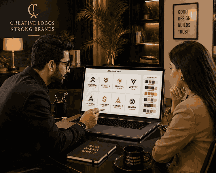 Professional logo designer presenting branding concepts and color palette on laptop to client in luxury office