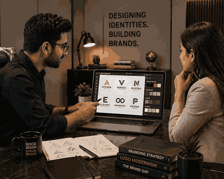 Professional logo designer presenting branding concepts and color palette on laptop to client in high-end office