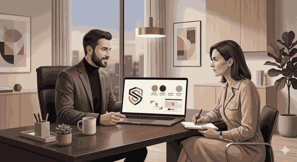 Premium logo designer presenting logo and color palette to client on laptop in luxury modern office