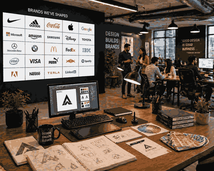 Professional branding studio interior with global logo display organized desk and team collaborating in background