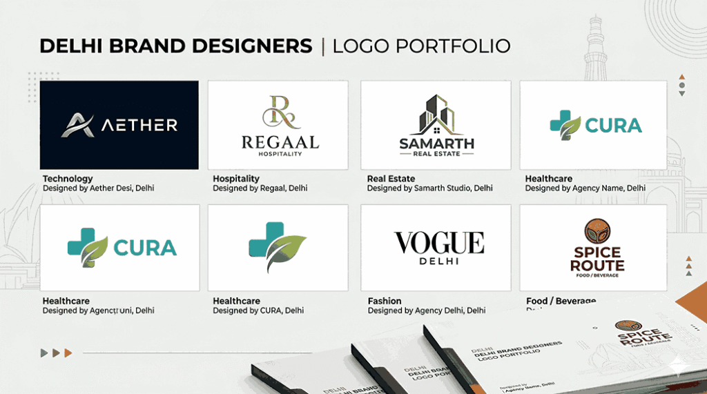 Professional logo design portfolio featuring diverse industry brands like Technology, Hospitality, Real Estate, and Healthcare, created by Delhi-based brand designers.