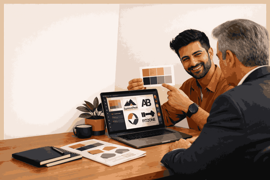 Professional logo designer presenting color palette to client on laptop in modern workspace blog cover