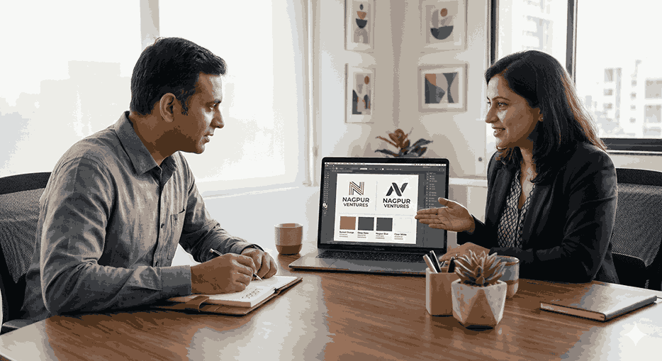 Professional logo designer presenting logo concepts and color palette to client on laptop in modern office