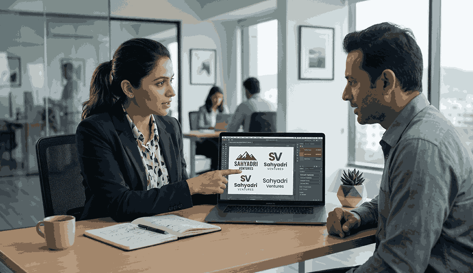 Professional logo designer presenting logo concepts to client on laptop with color palette and typography in modern office