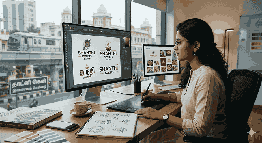 A graphic designer in a modern Chennai studio works on the brand identity for "Shanthi Sweets" in 2026, using design software, a graphics tablet, and a sketchbook.