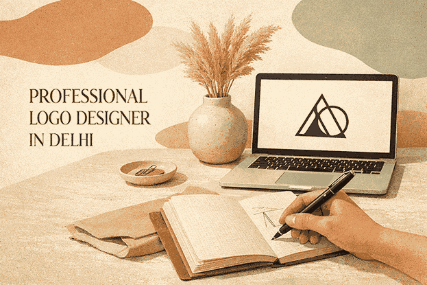 Professional logo designer in Delhi workspace with minimalist geometric logo on laptop and hand sketching branding concepts on notebook