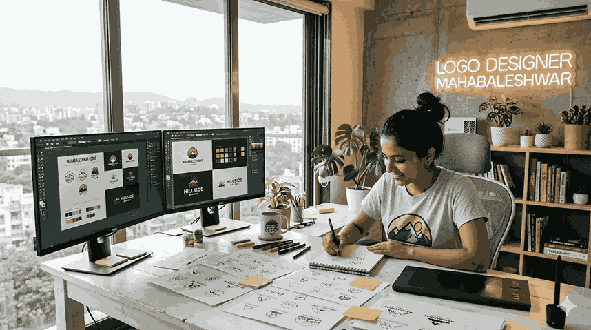 A young female logo designer in Mahabaleshwar sketching brand concepts at a desk in a modern, professional studio.