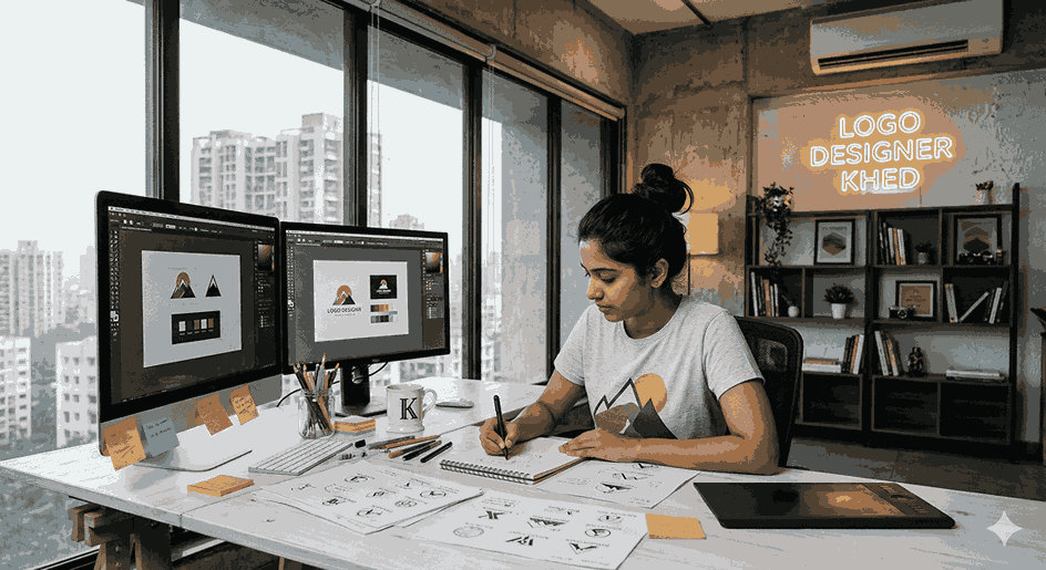A female logo designer in Khed, Pune, sketching a custom logo design at a modern desk with dual monitors showing vector graphics and a city view.