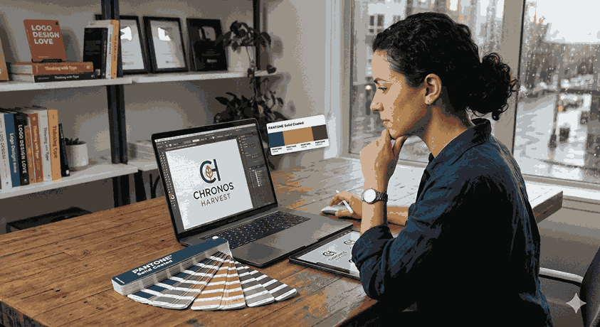 Professional logo designer working on laptop with design software and color palette showcasing branding expertise