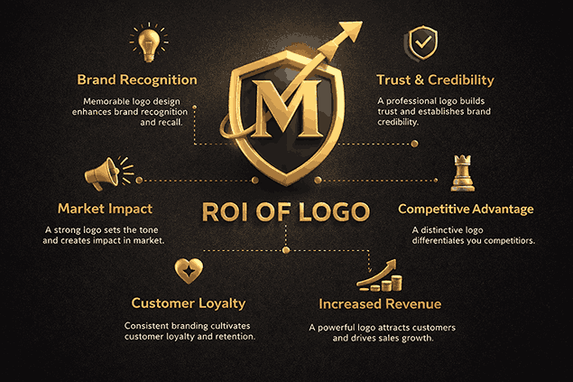 ROI of logo design infographic showing brand recognition, trust, customer loyalty, competitive advantage, and increased revenue with premium gold visuals
