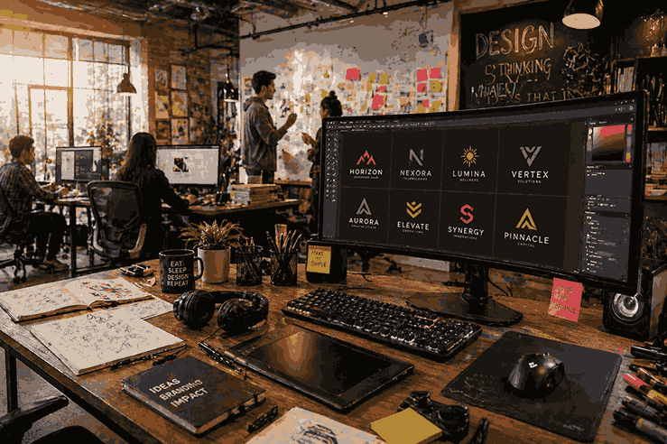 Modern startup design agency workspace with curved monitor displaying logo designs and team collaboration in background