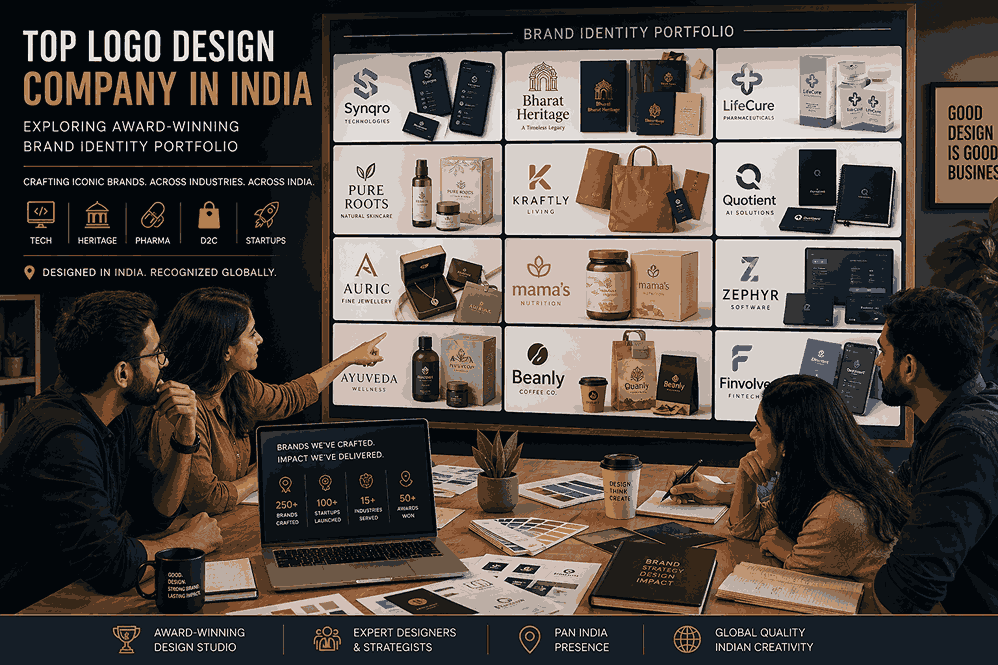Team of designers reviewing brand identity portfolio by top logo design company in India featuring logos across tech, heritage, pharma, D2C and startup sectors