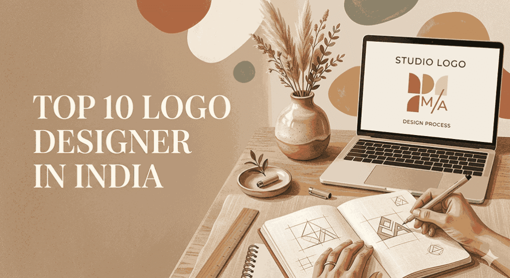 A candid shot of a professional graphic designer in India actively sketching a geometric logo concept in a grid notebook with a fine-liner pen. On the wooden desk, a laptop displays a finished digital logo, next to a ceramic vase with dried pampas grass. The background is a soft beige with abstract shapes. Text overlay reads: "TOP 10 LOGO DESIGNER IN INDIA."