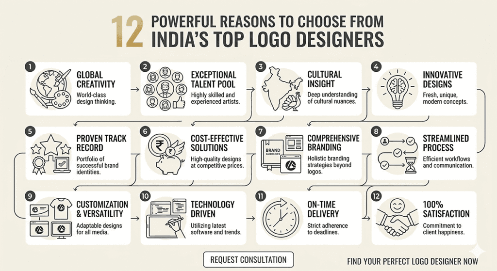 Infographic listing 12 benefits of hiring top 10 logo designers in India, including global creativity, cultural insight, and cost-effective solutions.