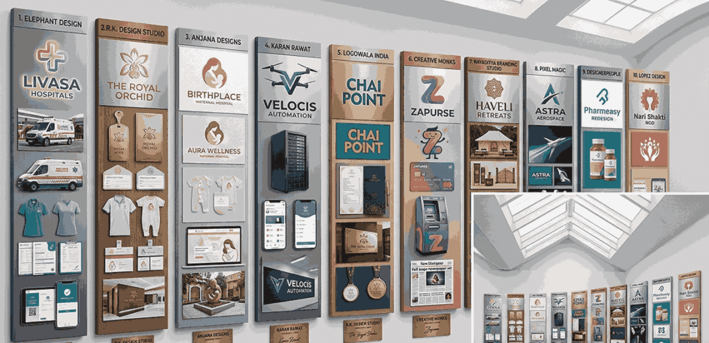 A visual portfolio showcasing top 10 logo designer in India distinct brand identity designs created by top logo designers in India, spanning healthcare, technology, hospitality, and startup sectors.