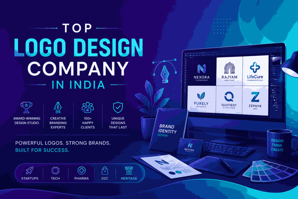Top logo design company in India blue illustration banner with purple and blue green gradient background and modern branding workspace
