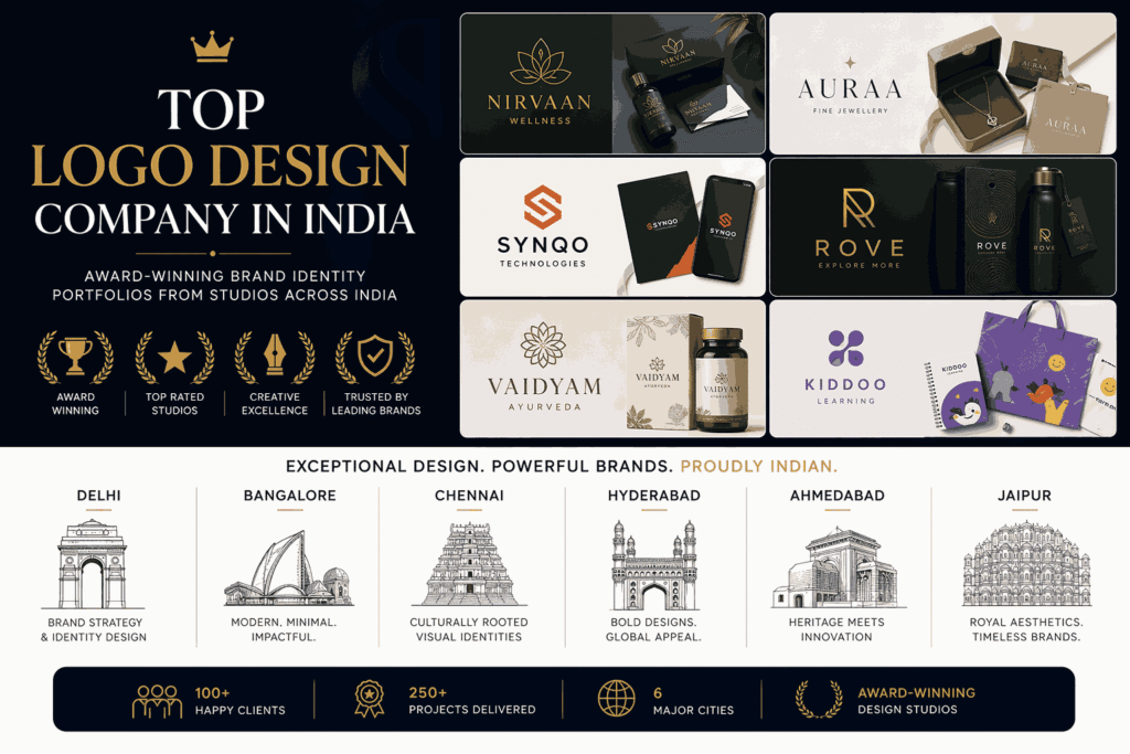 Top logo design company in India showcasing award-winning brand identity portfolios from studios in Delhi, Bangalore, Chennai, Hyderabad, Ahmedabad and Jaipur