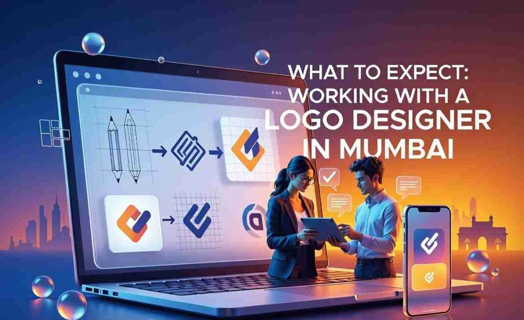 Professional Indian woman logo designer in mumbai collaborating with client on digital tablet, showing logo design process from pencil sketches to final vector logos on laptop, Mumbai skyline and Gateway of India in background, vibrant blue and saffron gradient, glassmorphism style