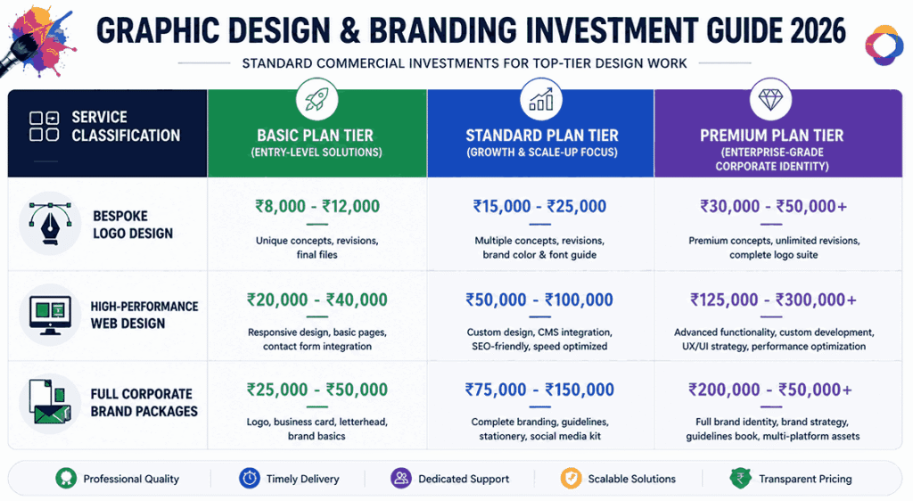 Graphic design pricing matrix for 2026 showing basic, standard, and premium package rates for logo design, web design, and corporate branding services.