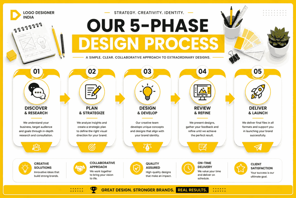 5-phase design process flowchart infographic in yellow and white theme showing discovery, planning, design, review, and delivery stages with modern icons and clean layout.