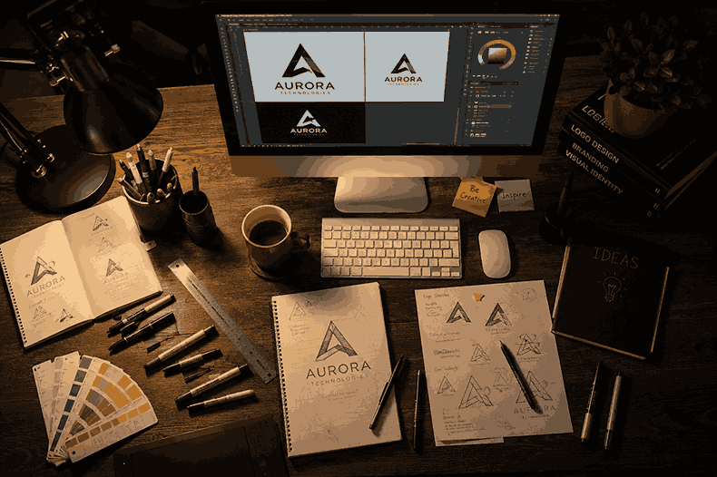 Top-view realistic graphic designer workspace in a dark moody studio with logo sketches, branding software, desk lamp lighting, markers, brushes, coffee cup, and cinematic creative atmosphere in landscape format.