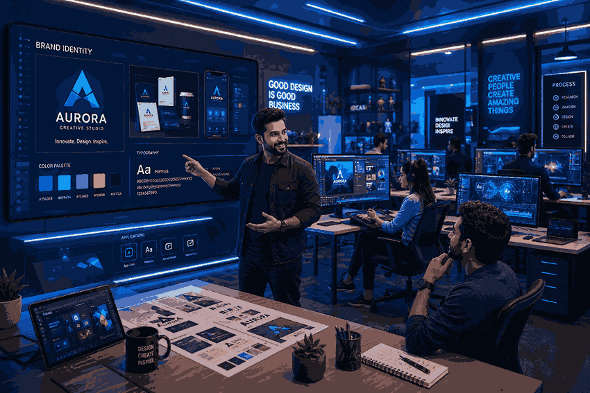 Futuristic graphic design studio with blue ambient lighting where a designer presents branding concepts and digital mockups on a widescreen display while creative professionals work on UI UX and motion graphics projects