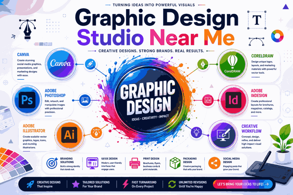 Modern infographic banner for Graphic Design Studio Near Me featuring graphic design software icons, colorful workflow diagram, and creative branding elements