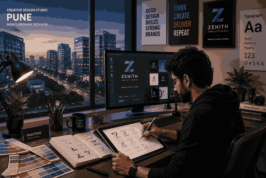 Creative professional graphic designer in Pune sketching branding concepts on a digital tablet inside a modern studio overlooking Pune’s tech hub skyline