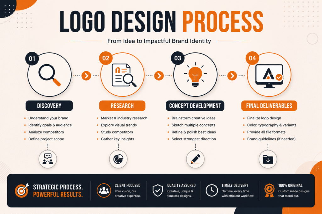 Logo Design Process infographic showing discovery, research, concept development, and final deliverables with modern workflow icons and branding visuals