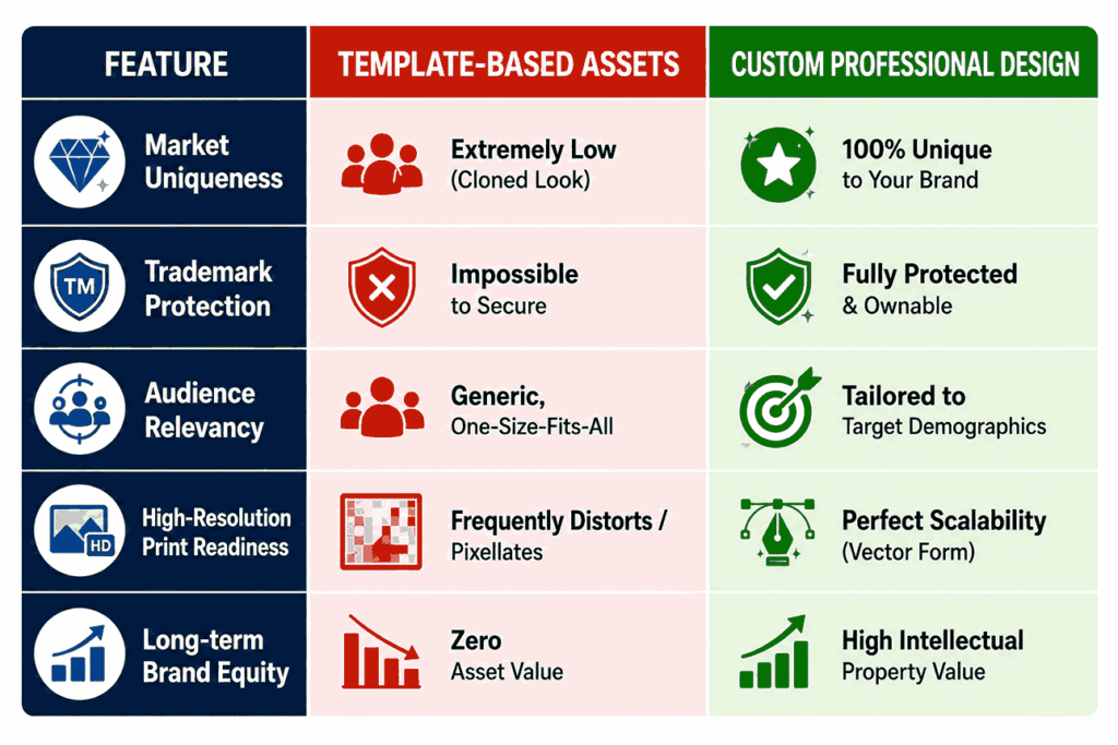 Template-Based Assets vs Custom Professional Design comparison infographic showing branding benefits, trademark protection, scalability, and brand equity advantages.