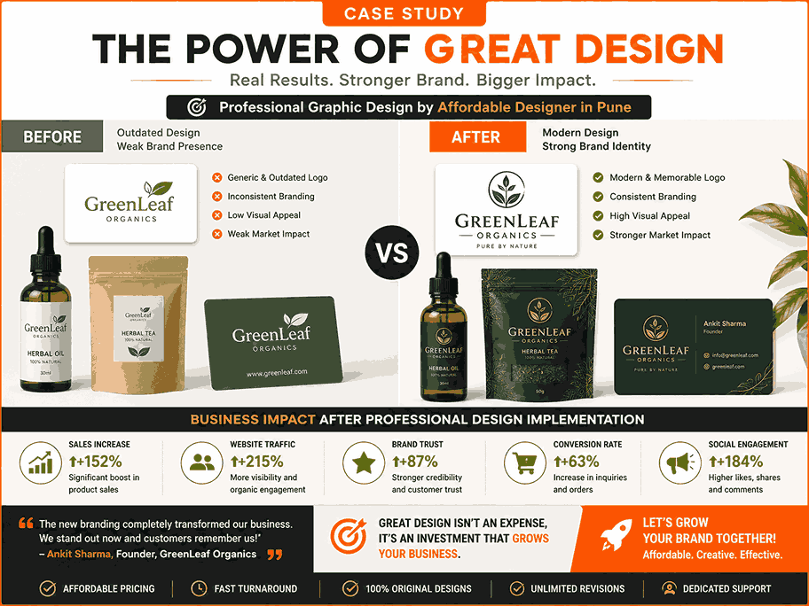 Business growth results after professional graphic design implementation by affordable designer in Pune showing before-and-after branding transformation and improved marketing performance in 4:3 format.