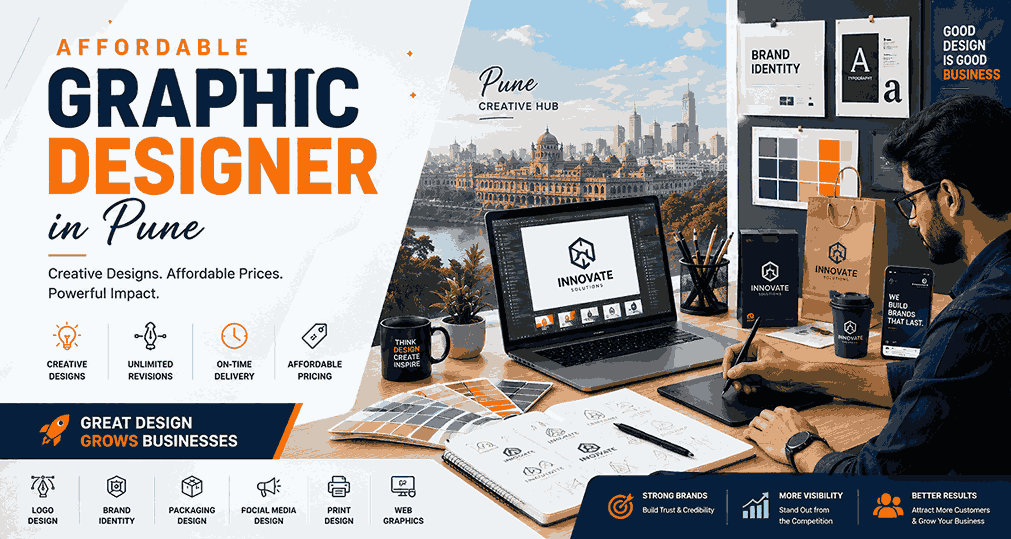 Modern professional blog cover for Affordable Graphic Designer in Pune featuring creative workspace, branding concepts, packaging mockups, social media creatives, and Pune skyline in landscape format.